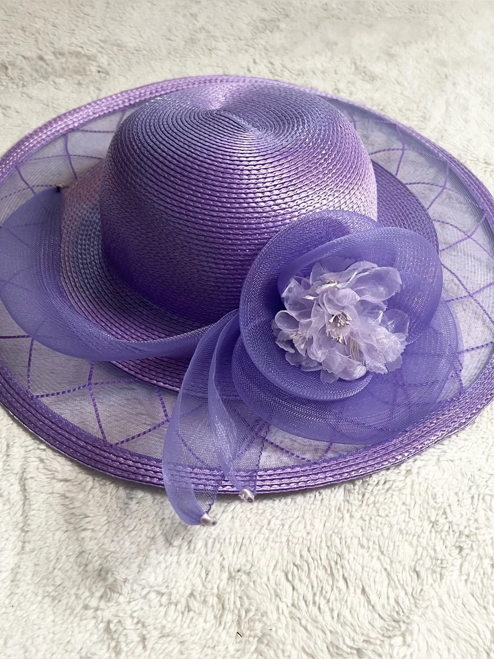 Vintage Lord & Taylor Lavender Purple Wide Brim Floral Fascinator Derby Hat